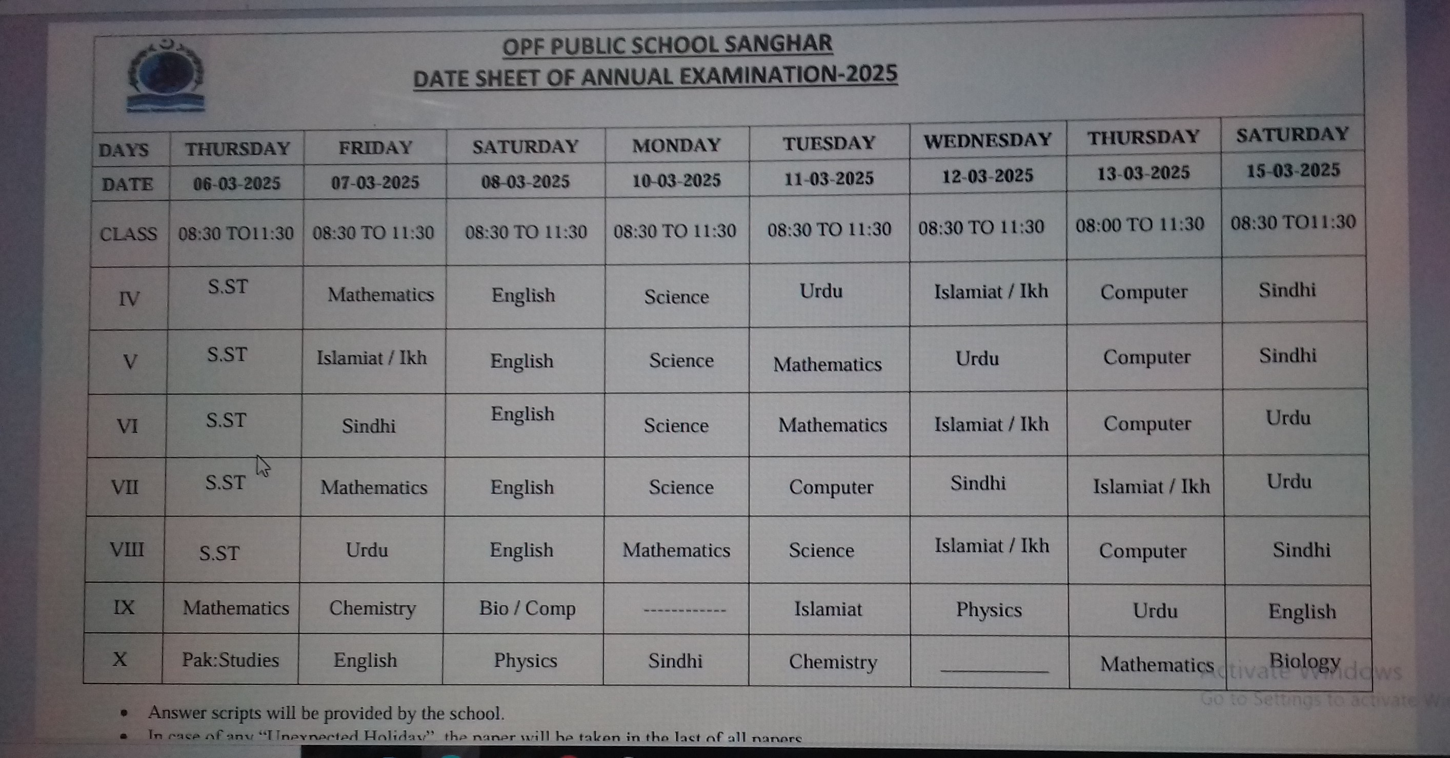 Final Term Date sheet 2025